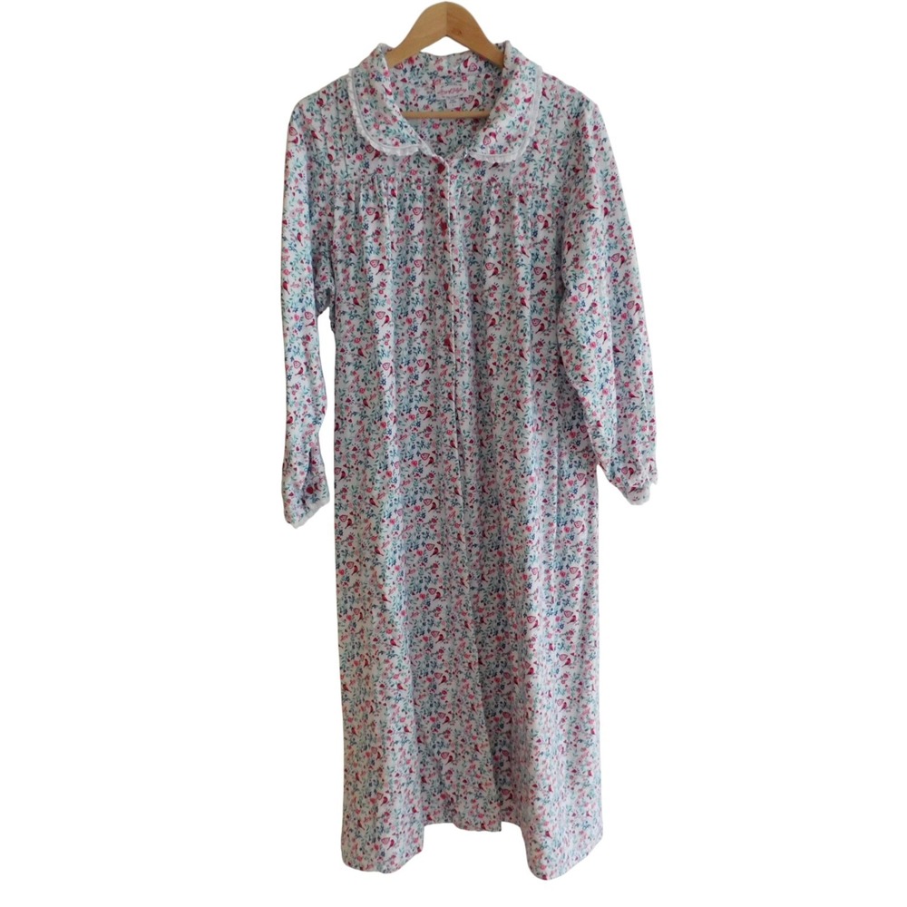 Lanz of Salzburg Flannel Nightgown Large Floral Bird Eyelet Maxi Cottage Prairie